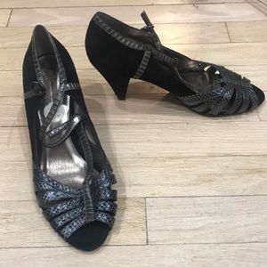 T-strap Snakeskin and Suede Heels INC